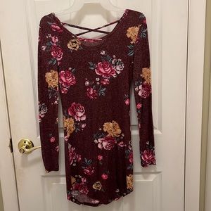 Maroon floral long sleeve dress.